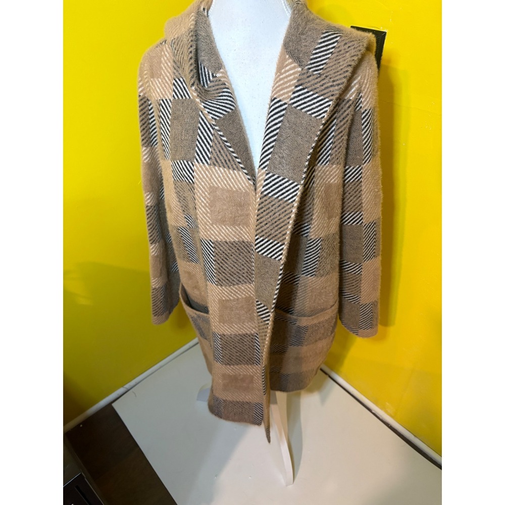 Liverpool Los Angeles Plaid Sweater Coatigan Open Front Hooded Camel Check NWT